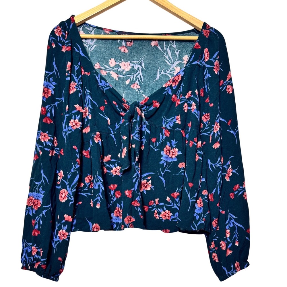 American Eagle Floral Tie‎ Front Babydoll Blouse Teal Pink Long Sleeve Medium